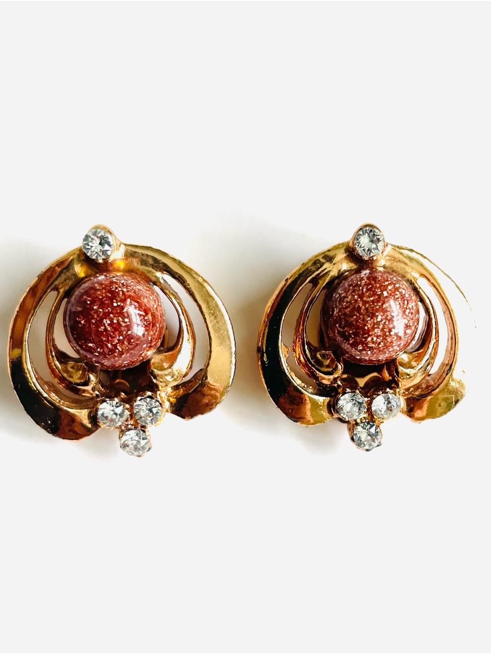 Gorgeous Vintage Sunstone and Rhinestone Clip on Earrings